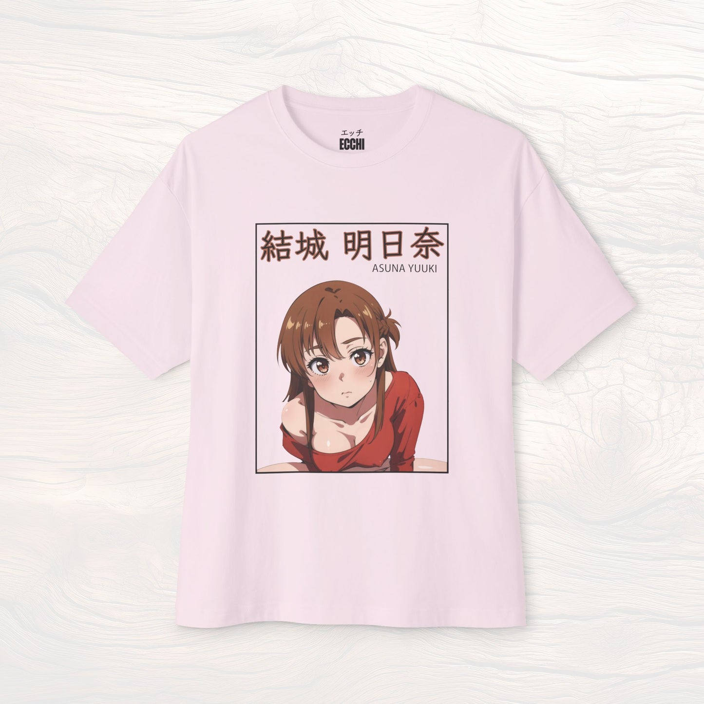 A picture of the front of a pink anime shirt featuring Asuna Yuuki from Sword Art Online. This stylish anime graphic tee showcases a sexy waifu design, perfect for fans of anime clothes and collectors of anime waifu merchandise.
