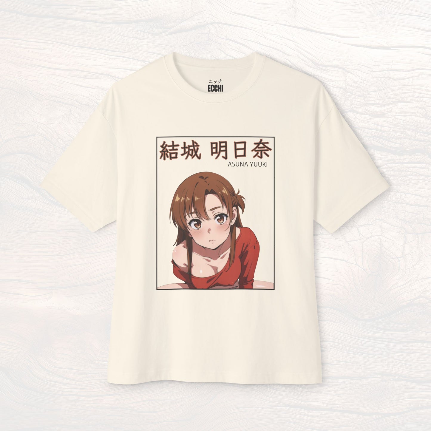 A picture of the front of a tan anime shirt featuring Asuna Yuuki from Sword Art Online. This stylish anime graphic tee showcases a sexy waifu design, perfect for fans of anime clothes and collectors of anime waifu merchandise.