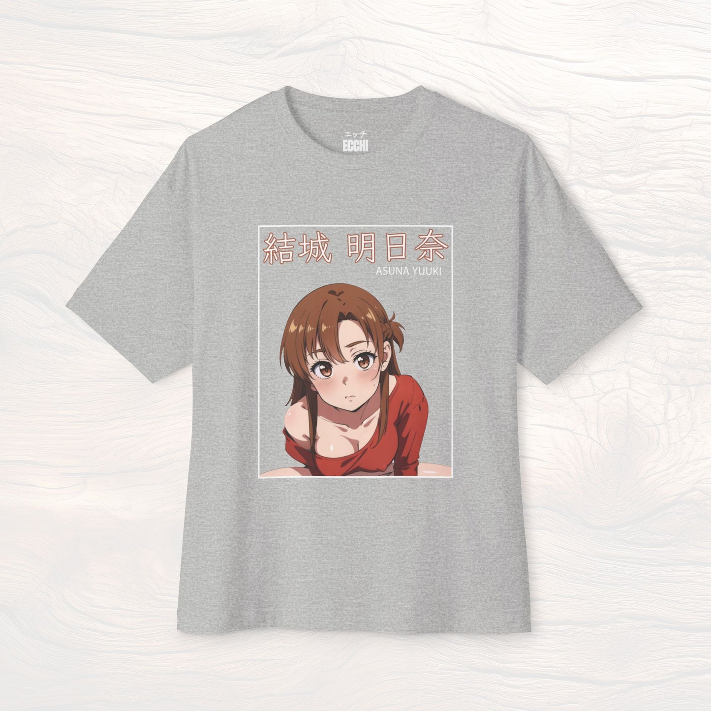 A picture of the front of a grey anime shirt featuring Asuna Yuuki from Sword Art Online. This stylish anime graphic tee showcases a sexy waifu design, perfect for fans of anime clothes and collectors of anime waifu merchandise.