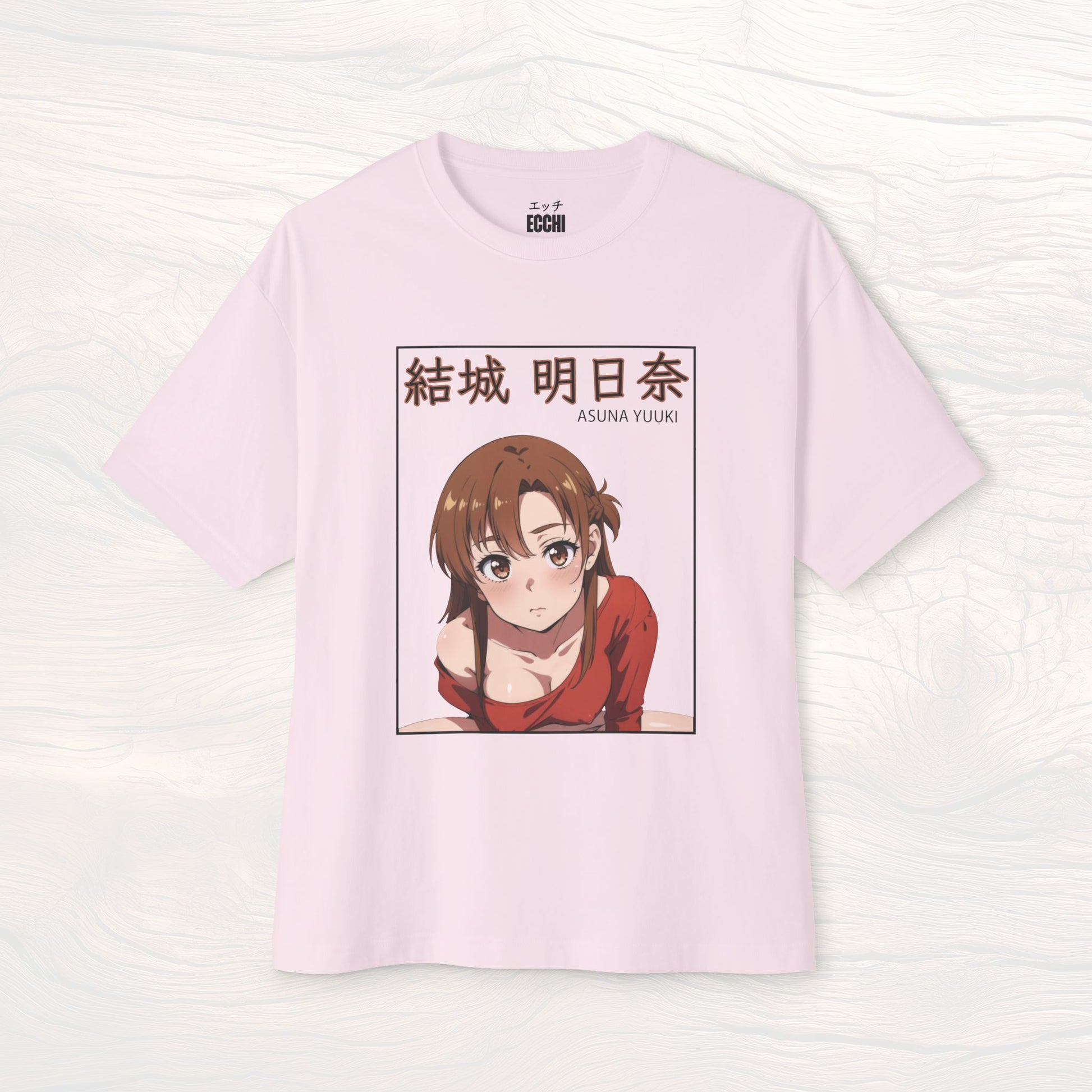 A picture of the front of a pink anime shirt featuring Asuna Yuuki from Sword Art Online. This stylish anime graphic tee showcases a sexy waifu design, perfect for fans of anime clothes and collectors of anime waifu merchandise.