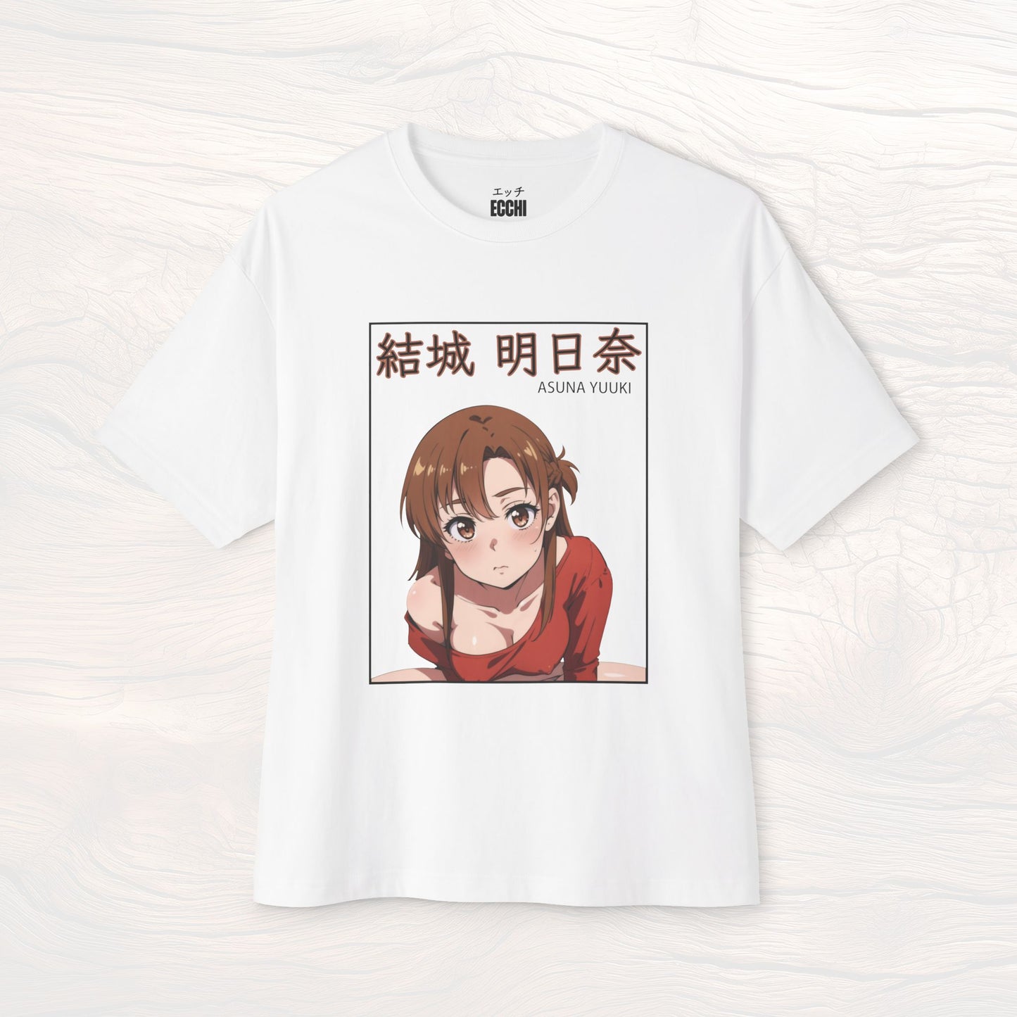 A picture of the front of a white anime shirt featuring Asuna Yuuki from Sword Art Online. This stylish anime graphic tee showcases a sexy waifu design, perfect for fans of anime clothes and collectors of anime waifu merchandise.