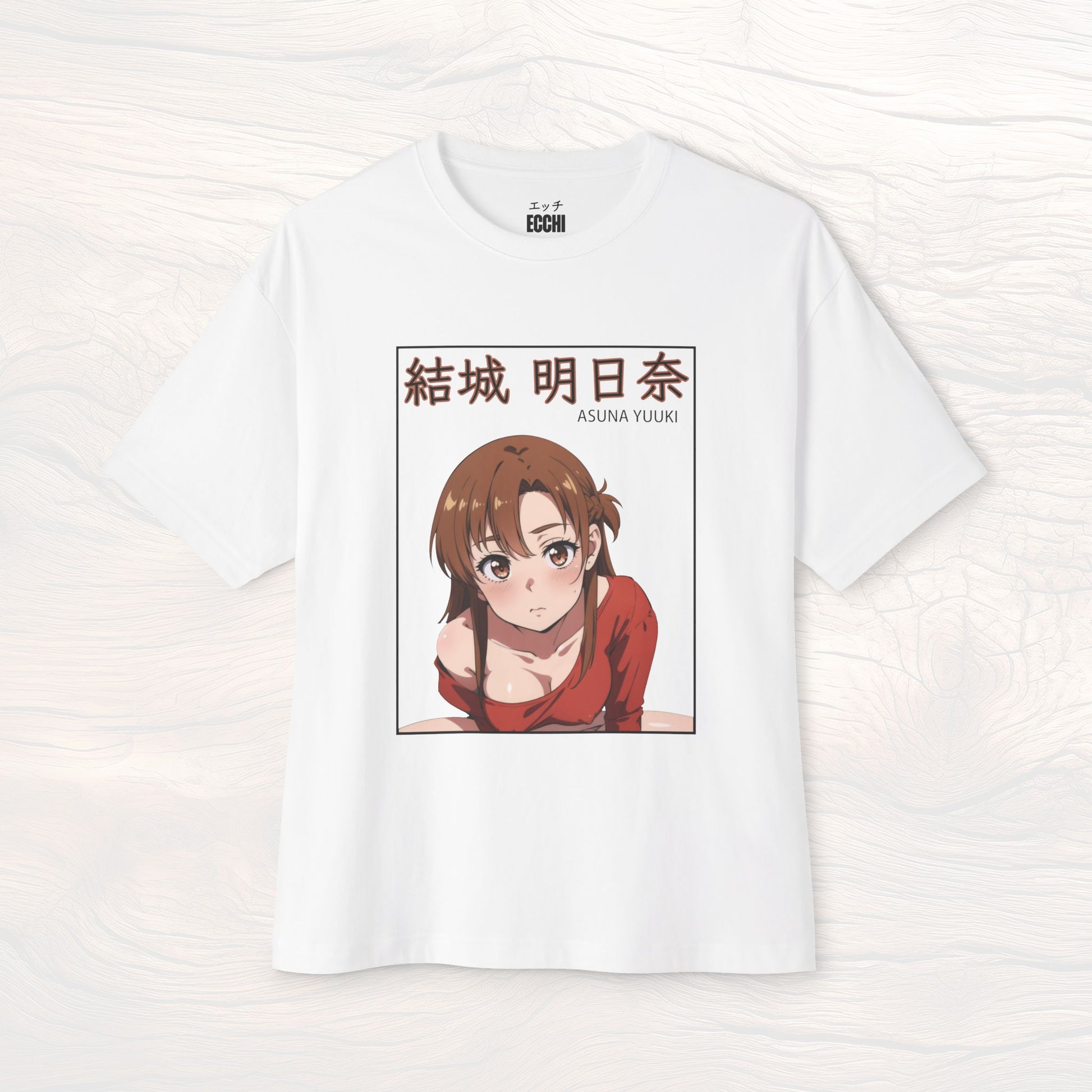 A picture of the front of a white anime shirt featuring Asuna Yuuki from Sword Art Online. This stylish anime graphic tee showcases a sexy waifu design, perfect for fans of anime clothes and collectors of anime waifu merchandise.
