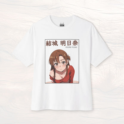A picture of the front of a white anime shirt featuring Asuna Yuuki from Sword Art Online. This stylish anime graphic tee showcases a sexy waifu design, perfect for fans of anime clothes and collectors of anime waifu merchandise.