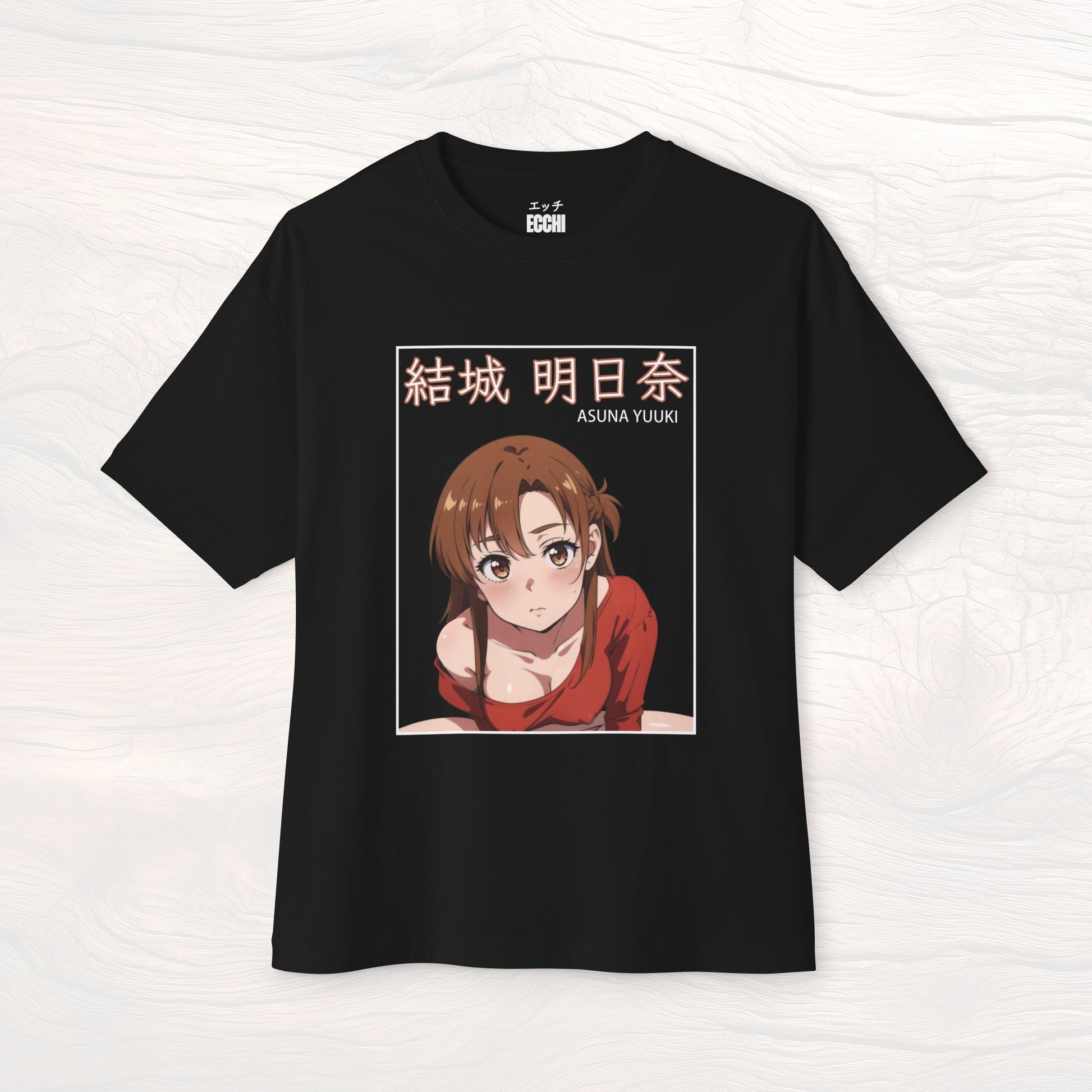 A picture of the front of a black anime shirt featuring Asuna Yuuki from Sword Art Online. This stylish anime graphic tee showcases a sexy waifu design, perfect for fans of anime clothes and collectors of anime waifu merchandise.