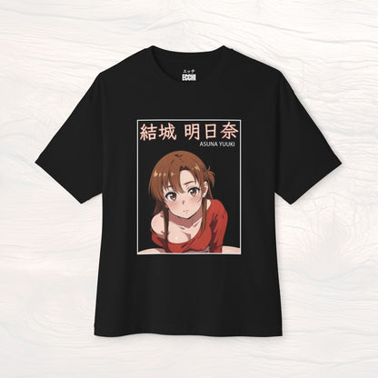 A picture of the front of a black anime shirt featuring Asuna Yuuki from Sword Art Online. This stylish anime graphic tee showcases a sexy waifu design, perfect for fans of anime clothes and collectors of anime waifu merchandise.