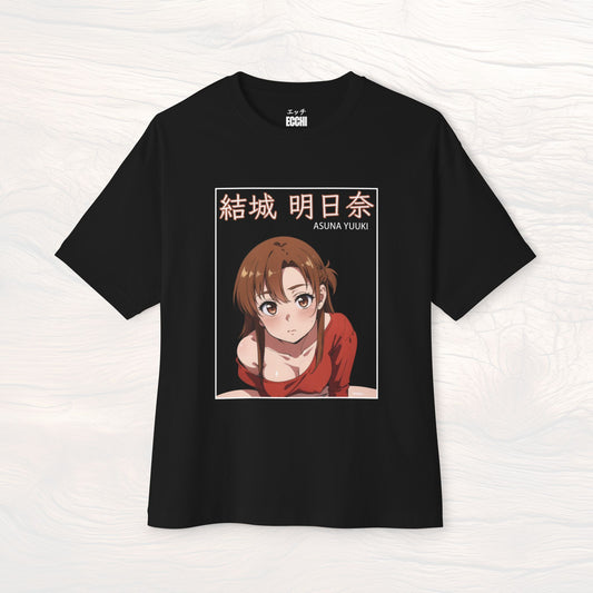A picture of the front of a black anime shirt featuring Asuna Yuuki from Sword Art Online. This stylish anime graphic tee showcases a sexy waifu design, perfect for fans of anime clothes and collectors of anime waifu merchandise.