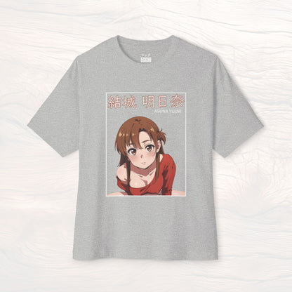 A picture of the front of a grey anime shirt featuring Asuna Yuuki from Sword Art Online. This stylish anime graphic tee showcases a sexy waifu design, perfect for fans of anime clothes and collectors of anime waifu merchandise.