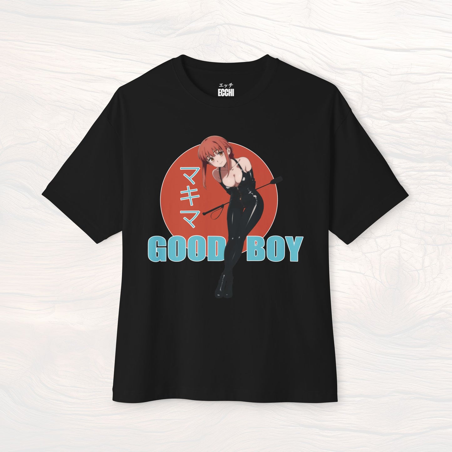 A picture of the front of a black anime shirt featuring Maikma from Chainsaw Man in BDSM clothing. This stylish anime graphic tee showcases a sexy waifu design, perfect for fans of anime clothes and collectors of anime waifu merchandise.