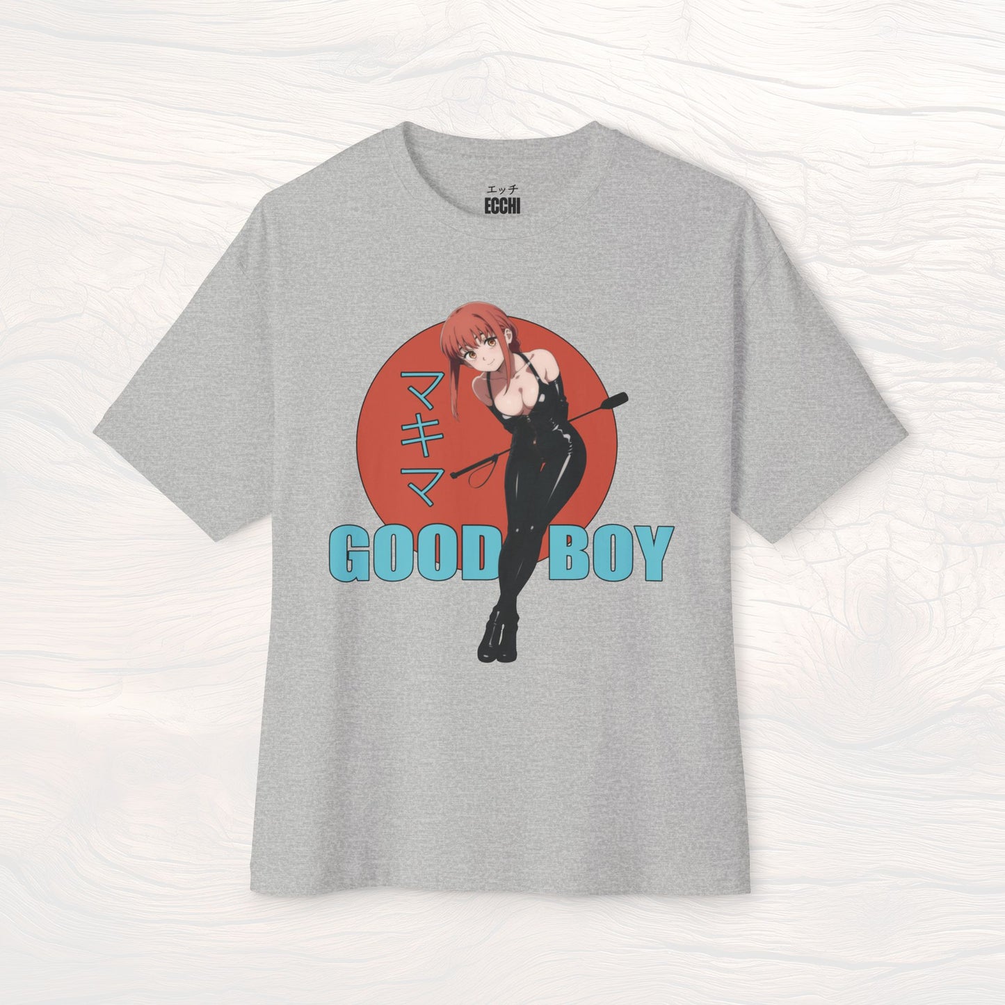 A picture of the front of a grey anime shirt featuring Maikma from Chainsaw Man in BDSM clothing. This stylish anime graphic tee showcases a sexy waifu design, perfect for fans of anime clothes and collectors of anime waifu merchandise.