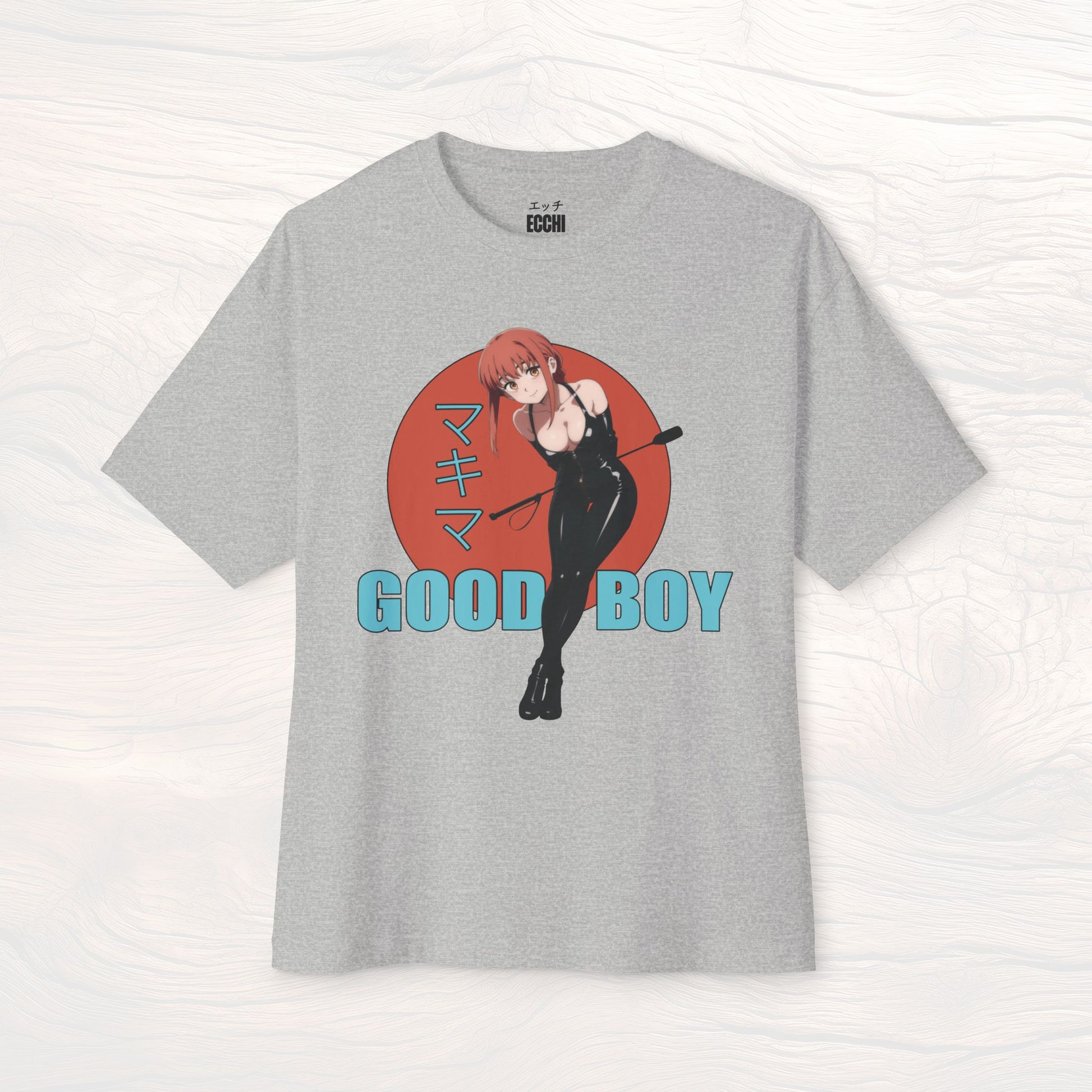 A picture of the front of a grey anime shirt featuring Maikma from Chainsaw Man in BDSM clothing. This stylish anime graphic tee showcases a sexy waifu design, perfect for fans of anime clothes and collectors of anime waifu merchandise.