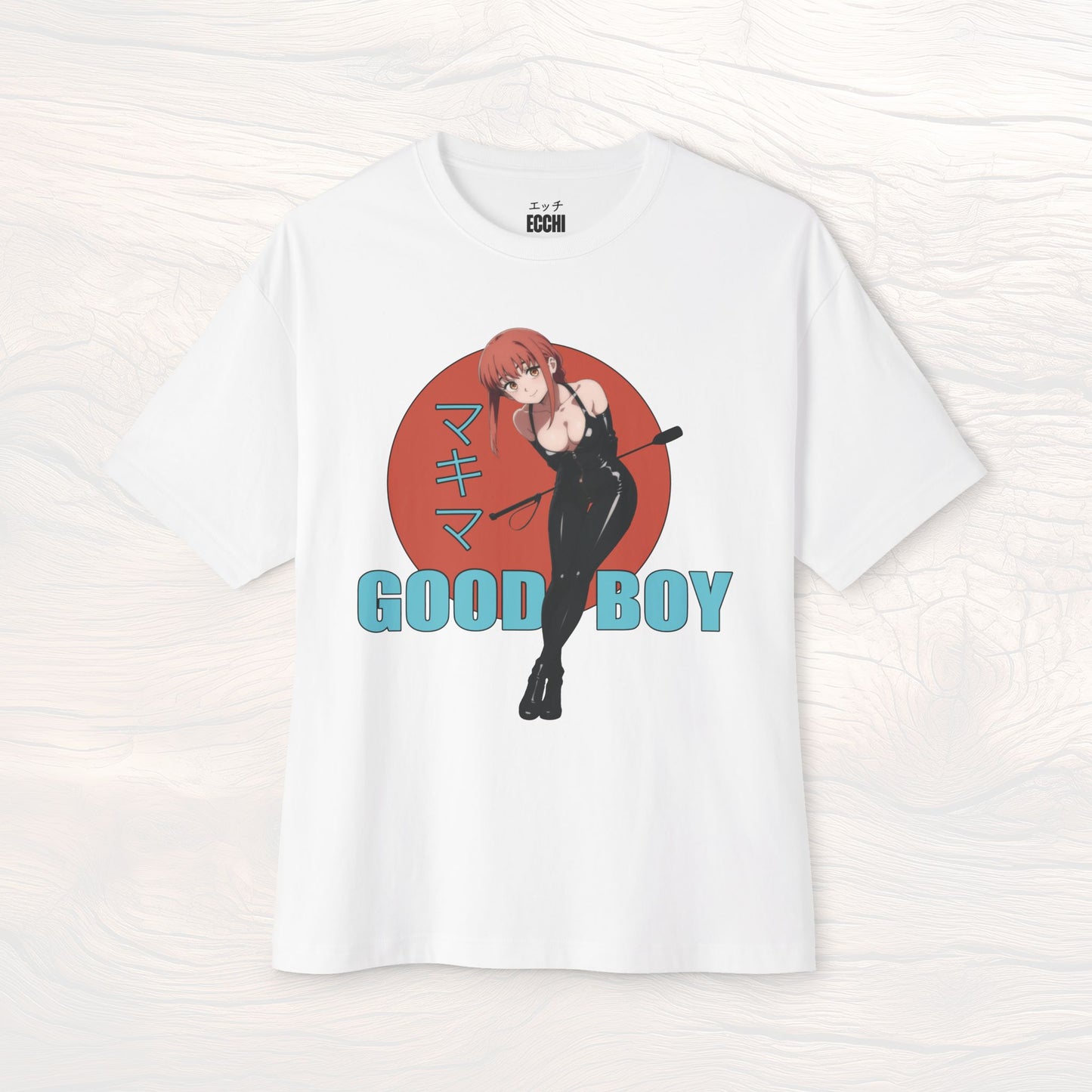 A picture of the front of a white anime shirt featuring Maikma from Chainsaw Man in BDSM clothing. This stylish anime graphic tee showcases a sexy waifu design, perfect for fans of anime clothes and collectors of anime waifu merchandise.
