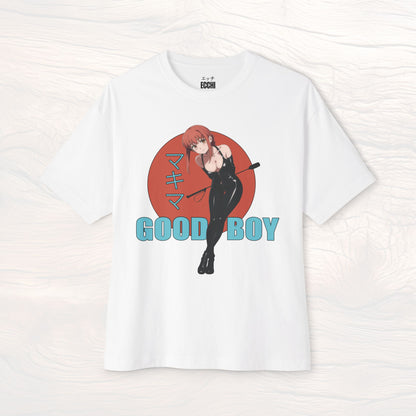 A picture of the front of a white anime shirt featuring Maikma from Chainsaw Man in BDSM clothing. This stylish anime graphic tee showcases a sexy waifu design, perfect for fans of anime clothes and collectors of anime waifu merchandise.