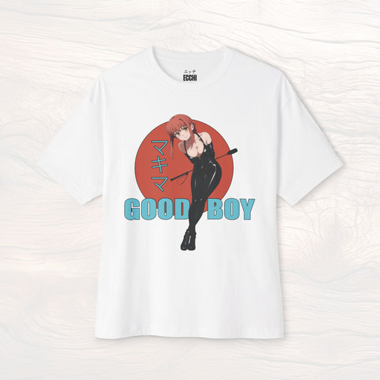 A picture of the front of a white anime shirt featuring Maikma from Chainsaw Man in BDSM clothing. This stylish anime graphic tee showcases a sexy waifu design, perfect for fans of anime clothes and collectors of anime waifu merchandise.